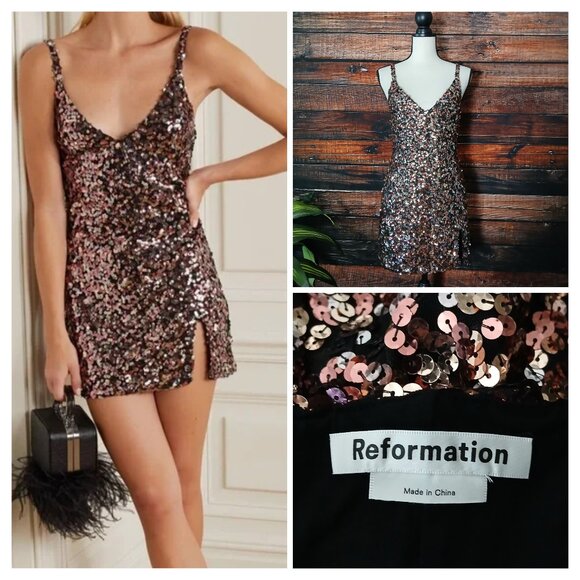 Reformation Mini Dress XS Jimmy Sparkle All Over Sequin Lined Side Slit Stretch - Picture 1 of 10